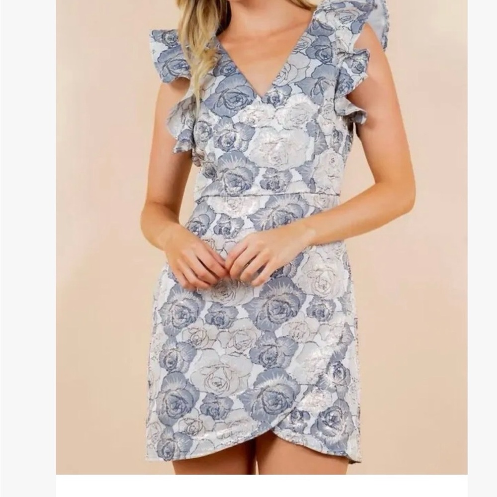 TCEC Blue and White Floral Ruffle Sleeve Mini Dress size Large NWT